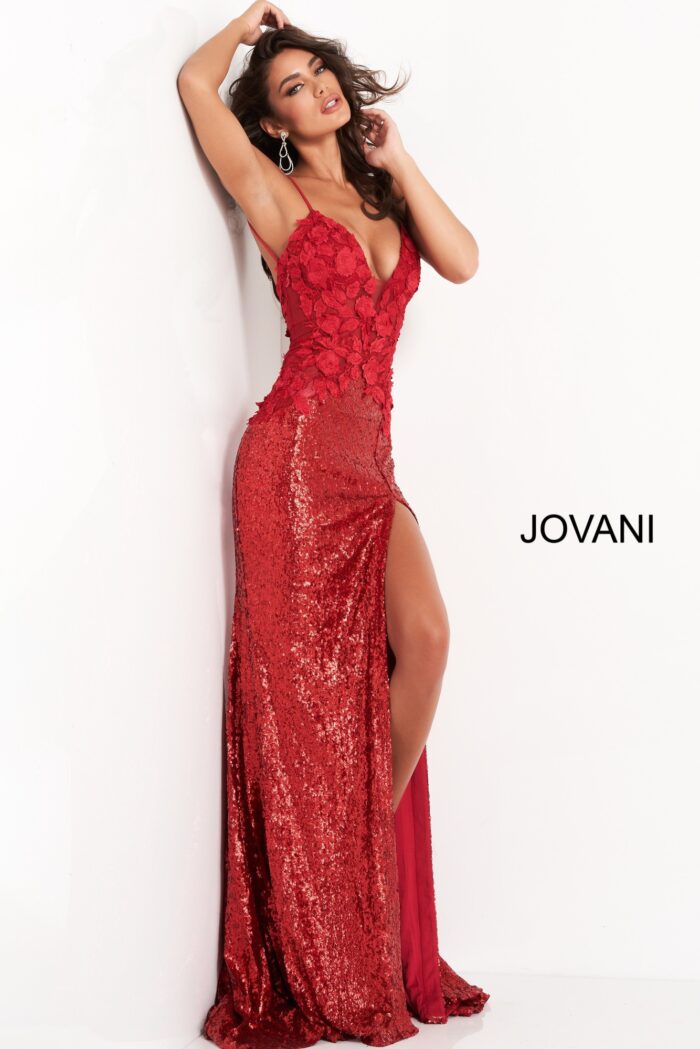Model wearing Jovani 06426 Blue Floral Appliques High Slit Dress