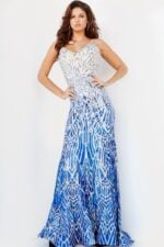 Front pose of model in Jovani 06450 blue dress.