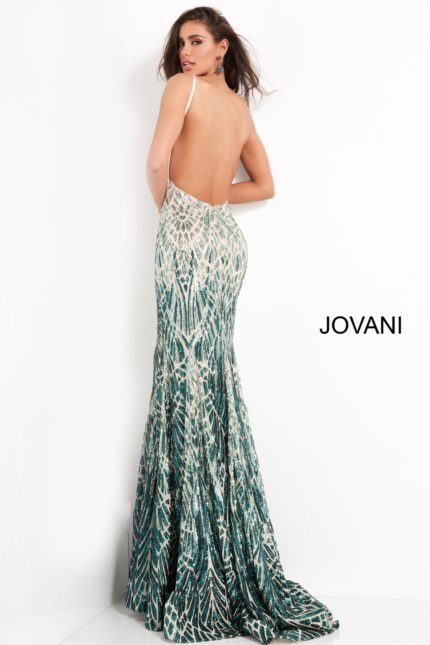 Model wearing Jovani 06450 silver gown back view