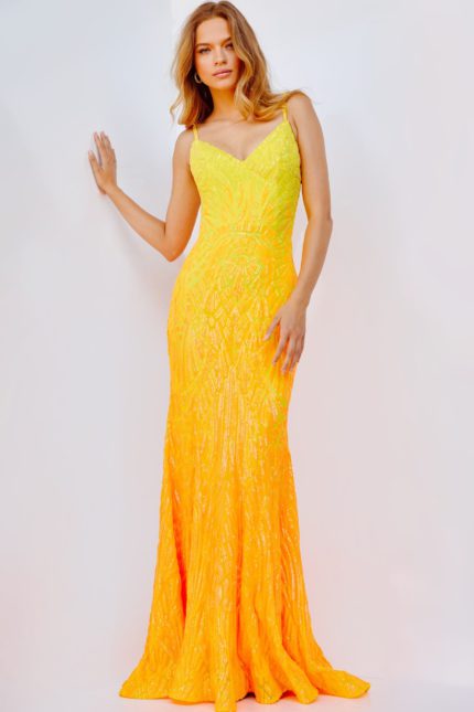 Model wearing Jovani 06450 full-length yellow gown front view