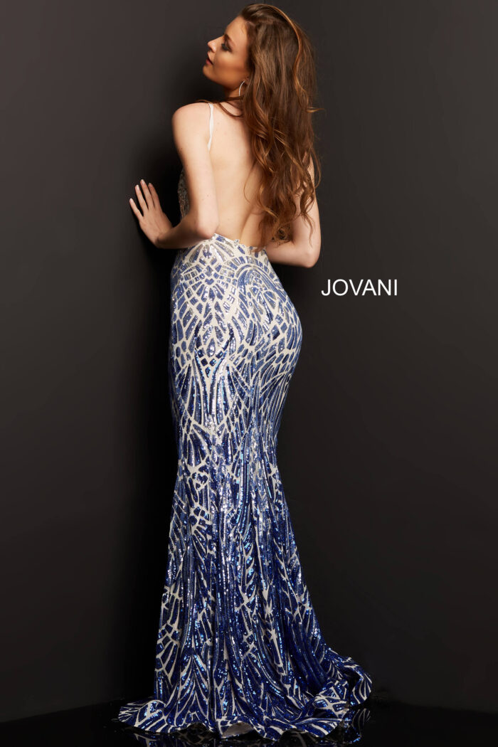 Model wearing Jovani 06450 Silver Green Backless Sequin Dress
