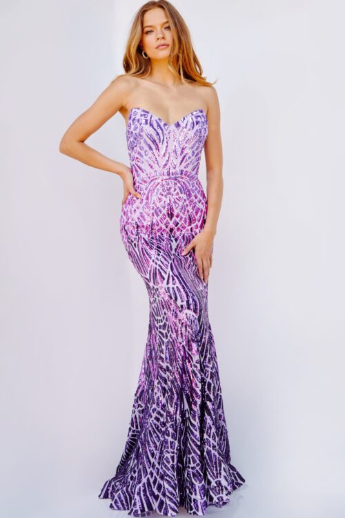Model wearing Jovani 06459 Lilac Purple Embellished Strapless Dress