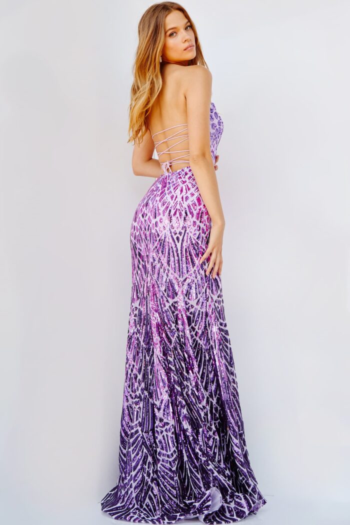Model wearing Jovani 06459 Lilac Purple Embellished Strapless Dress