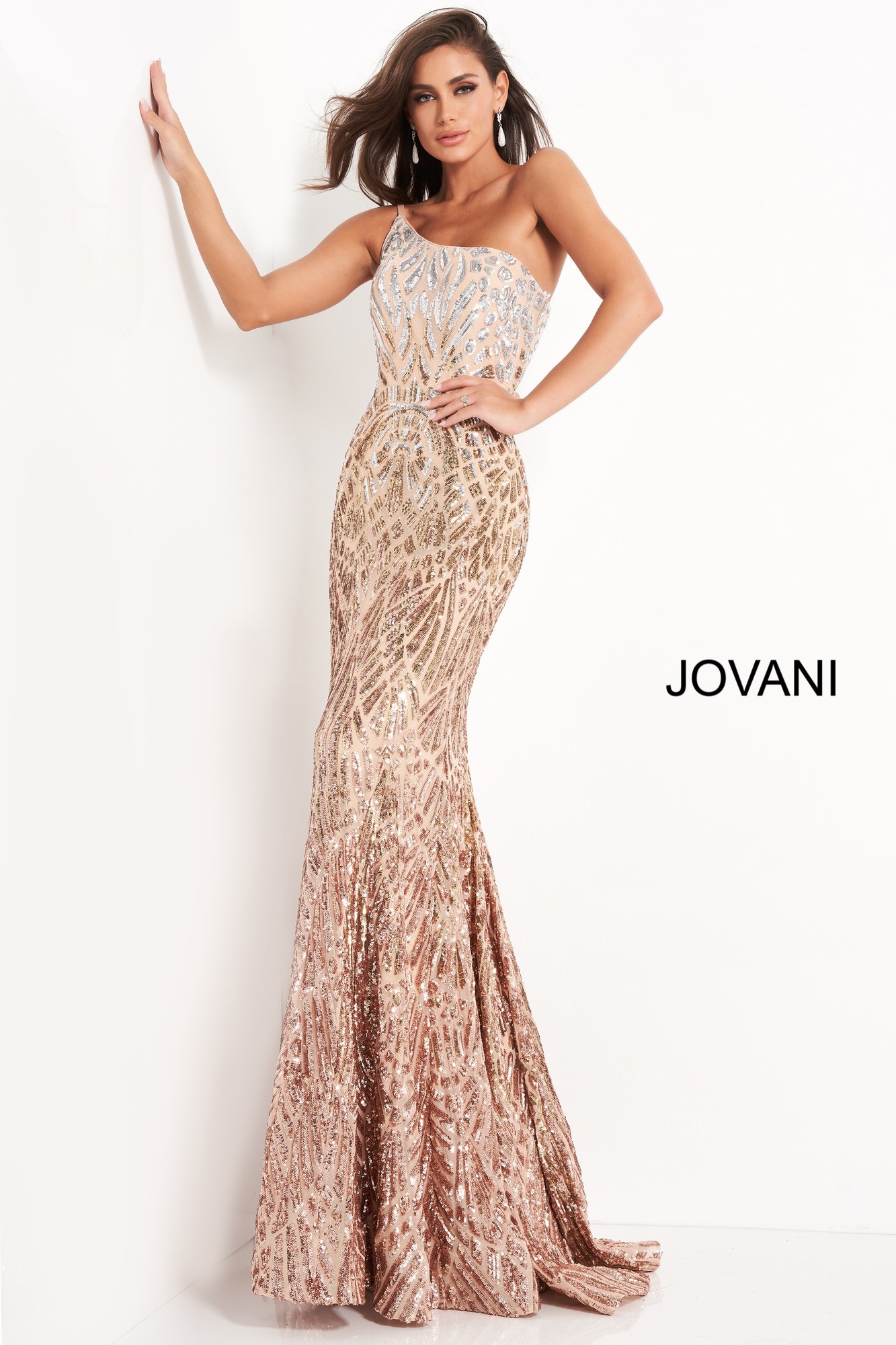 Jovani 06469 Silver Cafe Embellished One Shoulder Special Occasion Dress
