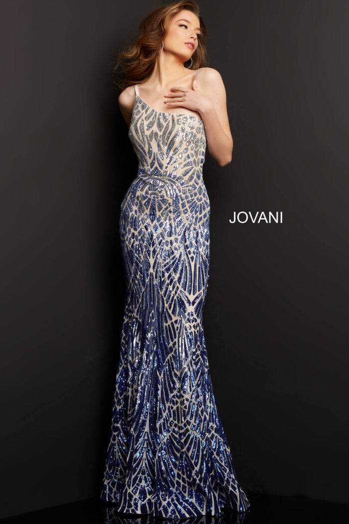 Model wearing Jovani 06469 Silver Cafe Embellished One Shoulder Special Occasion Dress