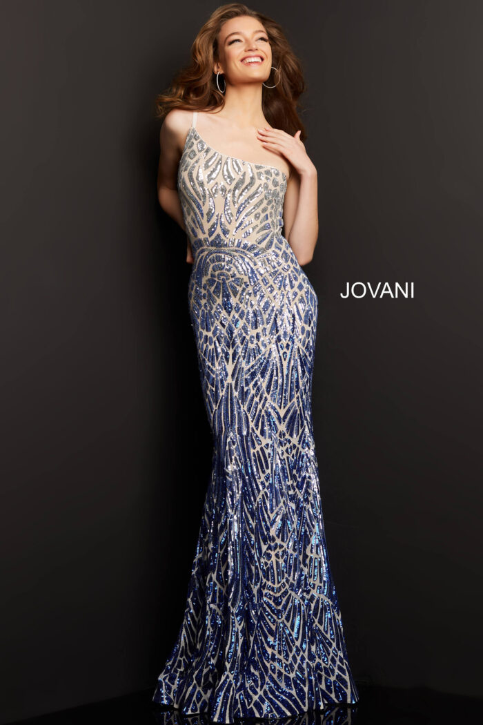 Model wearing Jovani 06469 Silver Cafe Embellished One Shoulder Special Occasion Dress