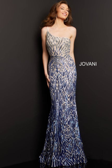 Model wearing Jovani 06469 silver sequined dress full length