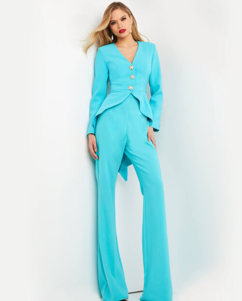 Model wearing Jovani 06479 Turquoise Two Piece Evening Pant Suit