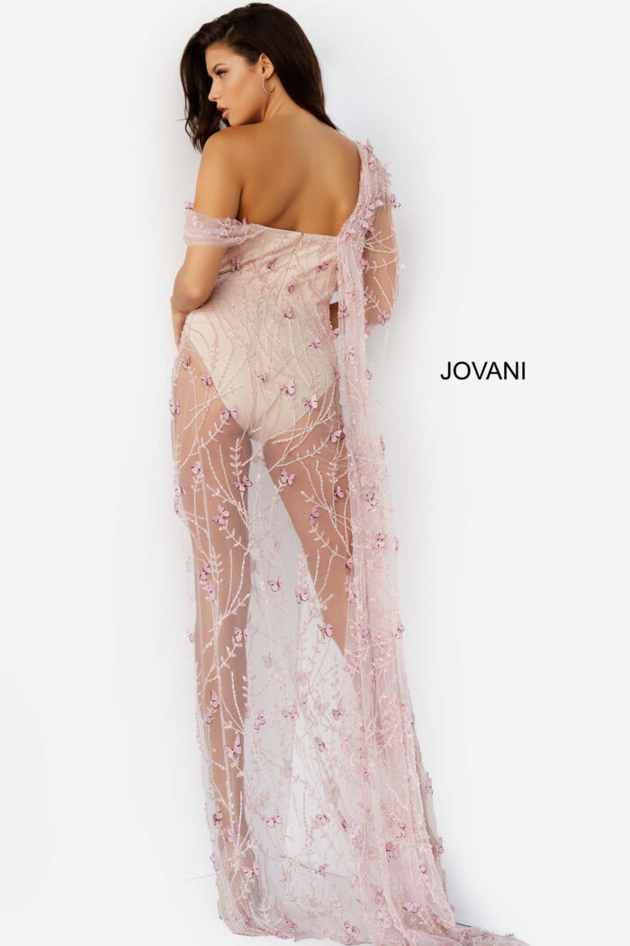 Model wearing Jovani 06513 Nude Pink Embellished Illusion Sexy Prom Dress