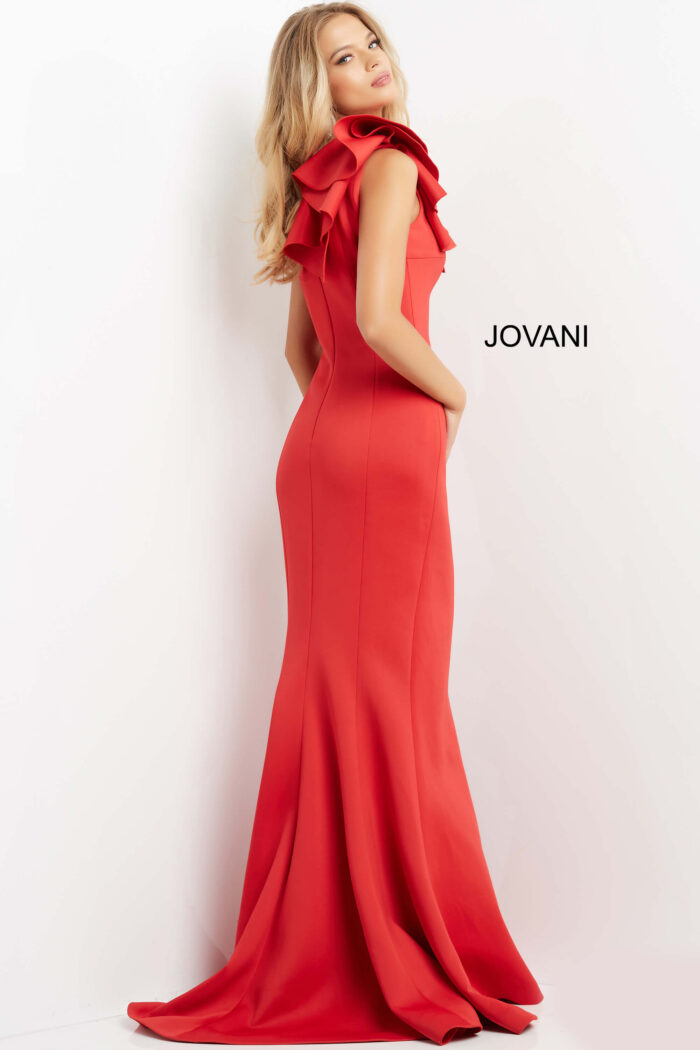 Model wearing Jovani 06603 Red One Shoulder Ruffle Evening Dress