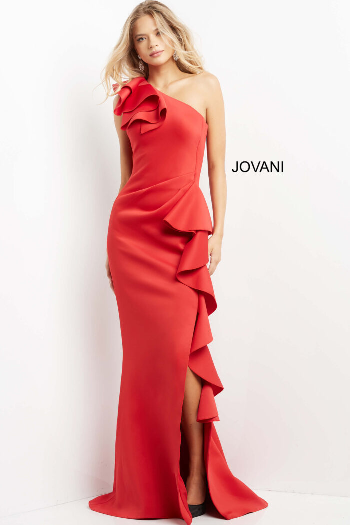 Model wearing Jovani 06603 Red One Shoulder Ruffle Evening Dress