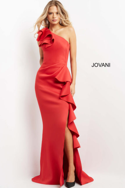 model wearing Jovani 06603 vibrant red gown with one-shoulder ruffle and high slit