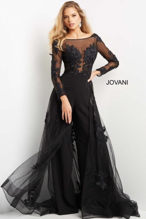 Model wearing Jovani 06609 Black Lace Bodice Long Sleeve Jumpsuit