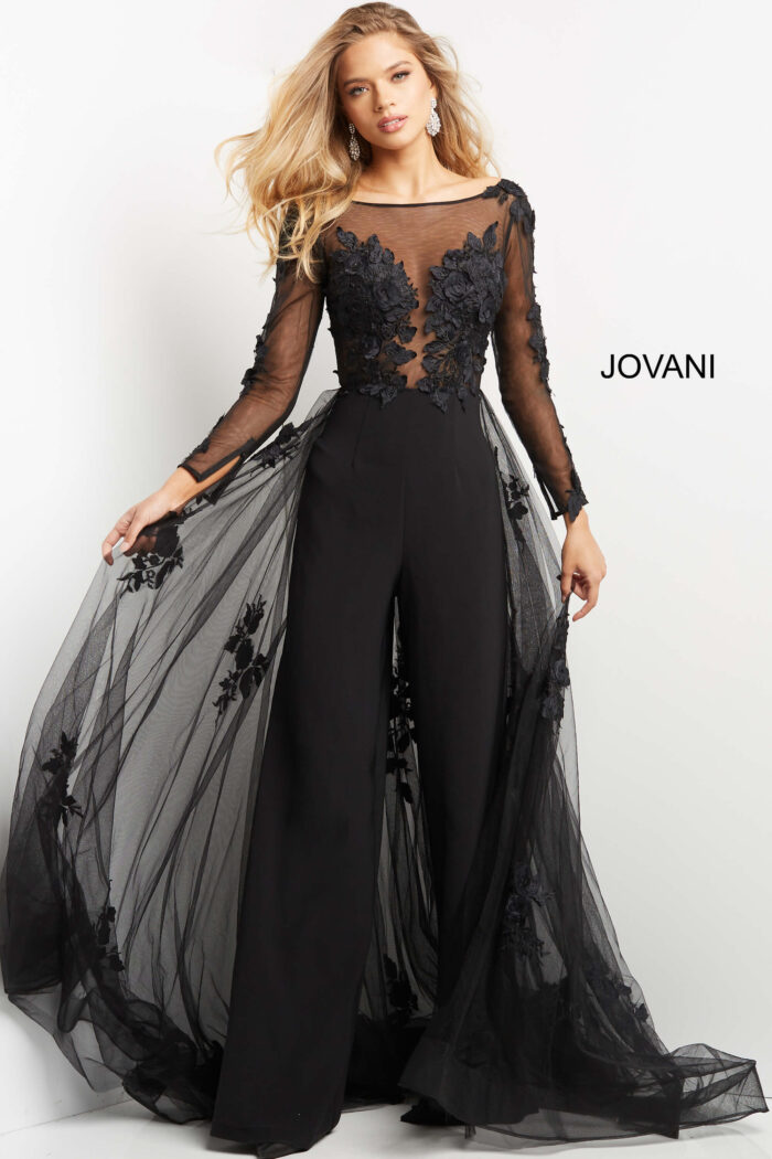 Model wearing Jovani 06609 Black Lace Bodice Long Sleeve Jumpsuit
