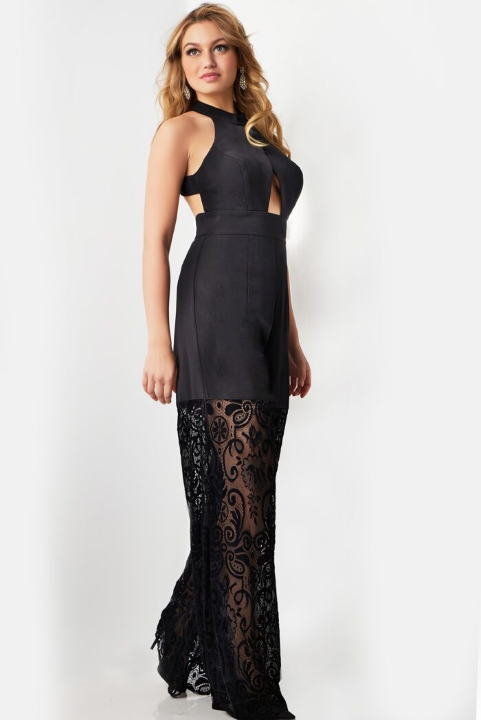 Model wearing Black Lace Bottom Contemporary Jumpsuit 06612
