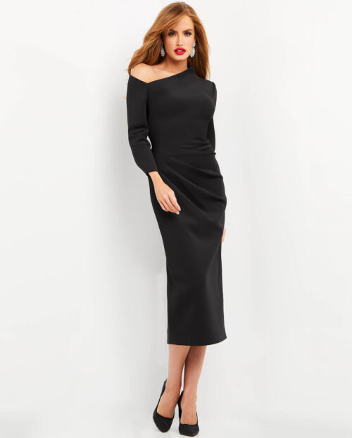 Model wearing Jovani 06613 Black Scuba Long Sleeve Tea Length Dress