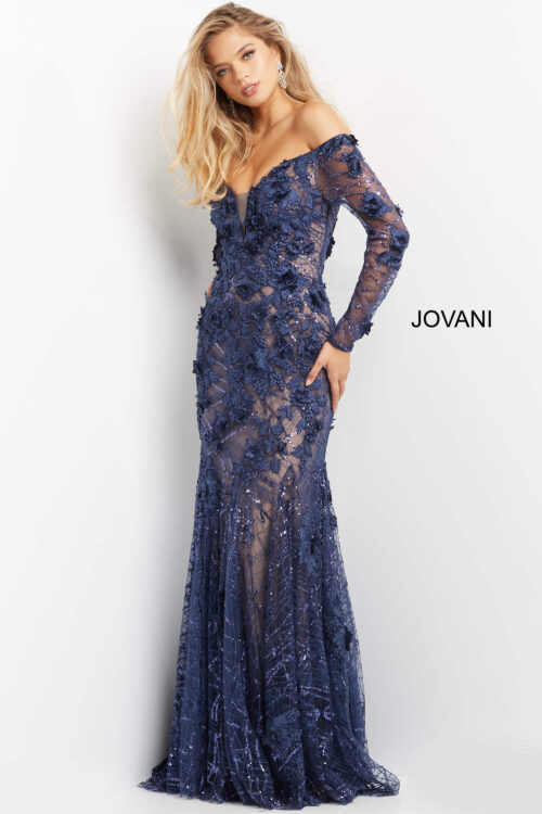 Model wearing Jovani 06635 Navy Floral Appliques Long Sleeve Evening Dress