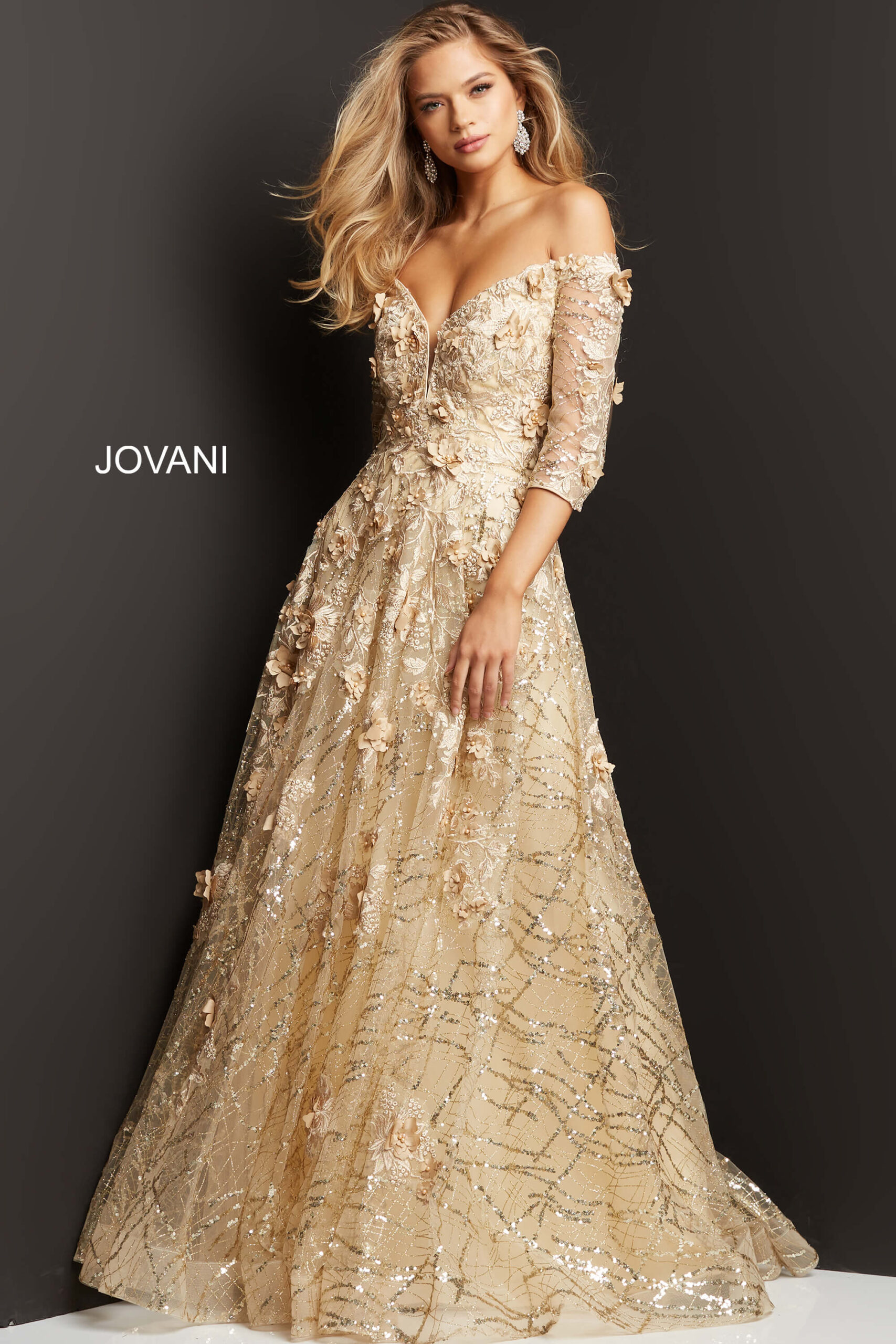 Jovani 06636 Cream Floral Embellished A Line Gown