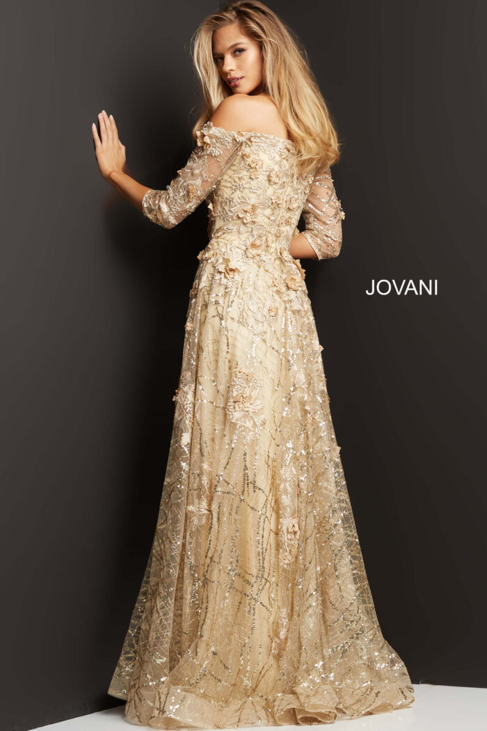 Model wearing Jovani 06636 Cream Floral Embellished A Line Gown