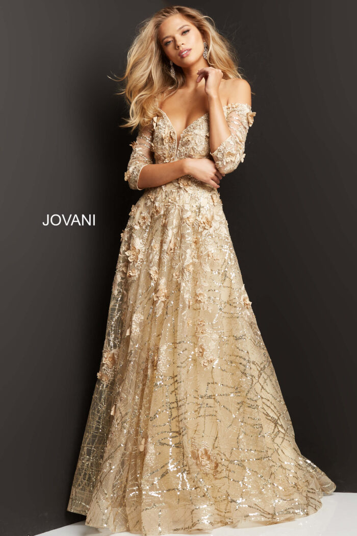Model wearing Jovani 06636 Cream Floral Embellished A Line Gown