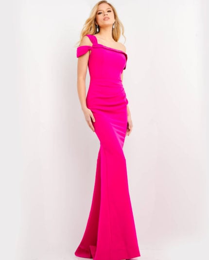 Model wearing Jovani 06723 fuchsia gown with off-the-shoulder neckline and mermaid silhouette