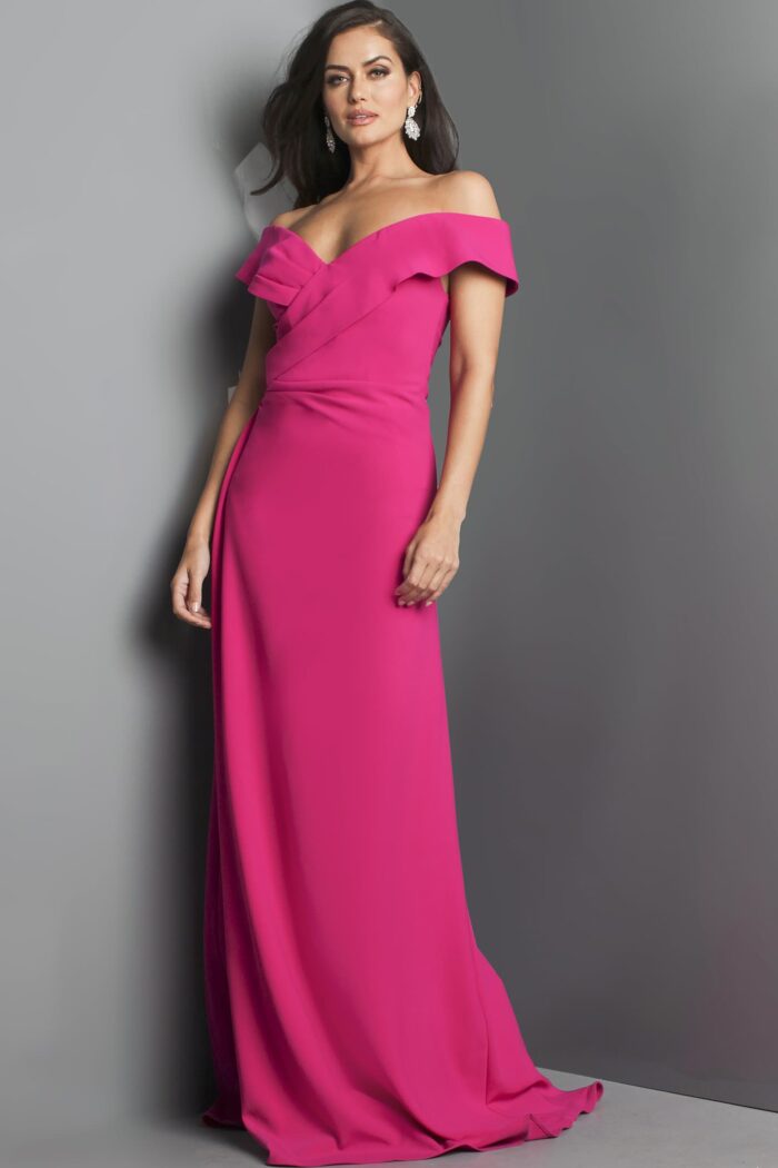 Model wearing Jovani 06746 Fuchsia Off the Shoulder Gown
