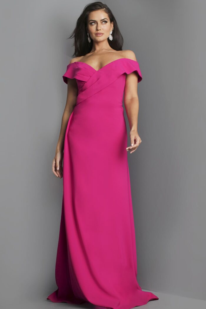Model wearing Jovani 06746 Fuchsia Off the Shoulder Gown