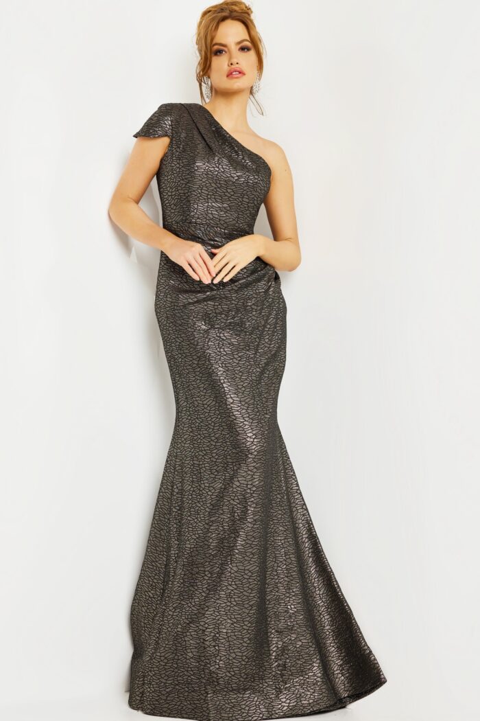 Model wearing Metallic Ruched One Shoulder Dress 06751