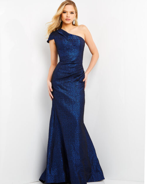 Model wearing Jovani 06751 Cobalt Metallic One Shoulder Evening Dress