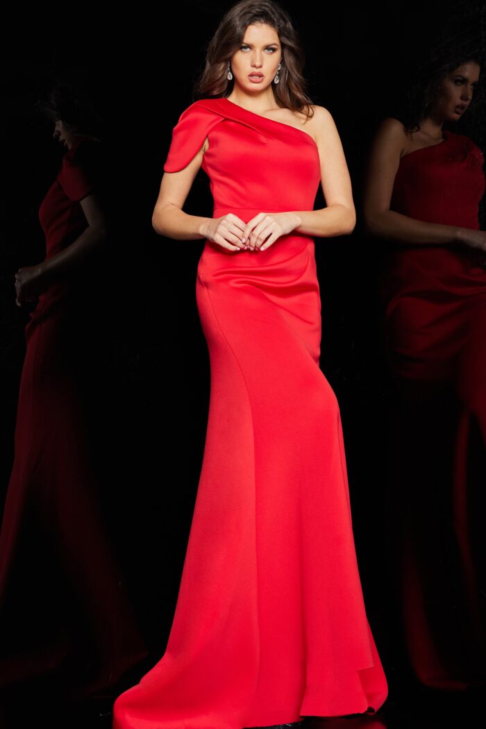 Model wearing Red One Shoulder Scuba Long Dress 06753