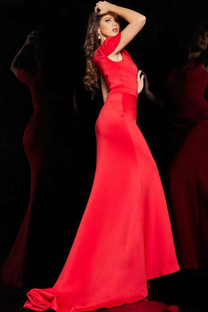 Model wearing Red One Shoulder Scuba Long Dress 06753