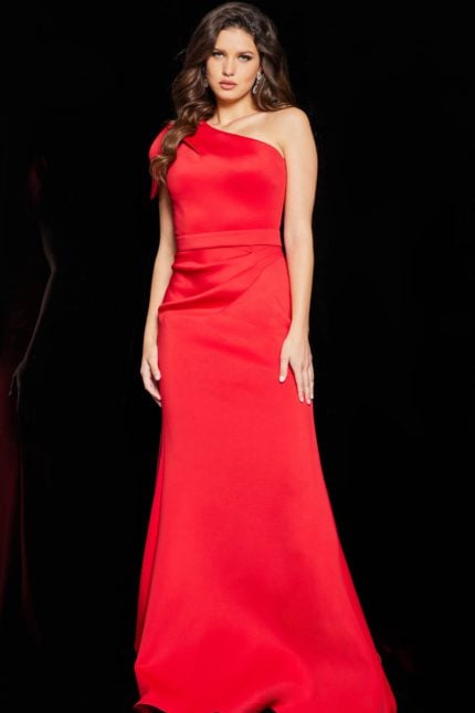 Model wearing Jovani 06753 red one-shoulder mermaid gown, front view.