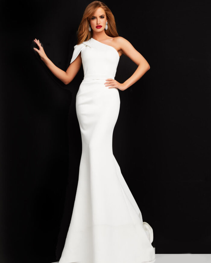 Model wearing Jovani 06753 White One Shoulder Ruched Dress