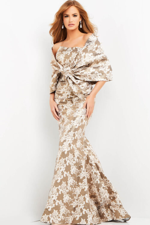 Model wearing Jovani 06760 Strapless Brocade Evening Dress with Wrap