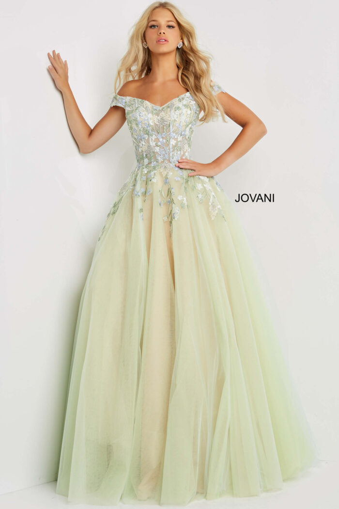 Model wearing Jovani 06794 Multi Floral Embroidered 2022 Prom Ballgown