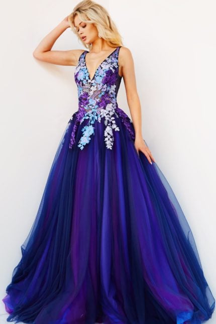 Model wearing Jovani 06807 dress in navy multi, showing floral detailing and silhouette, front angle.