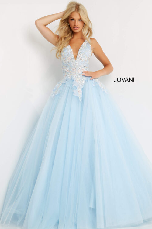 Model wearing Jovani 06808 Light Blue Floral Bodice Plus Size Ballgown