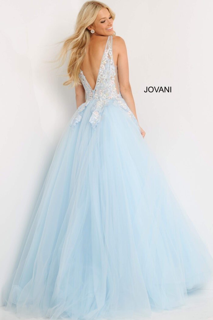 Model wearing Jovani 06808 Light Blue Deep V Neck Floral Prom Ballgown