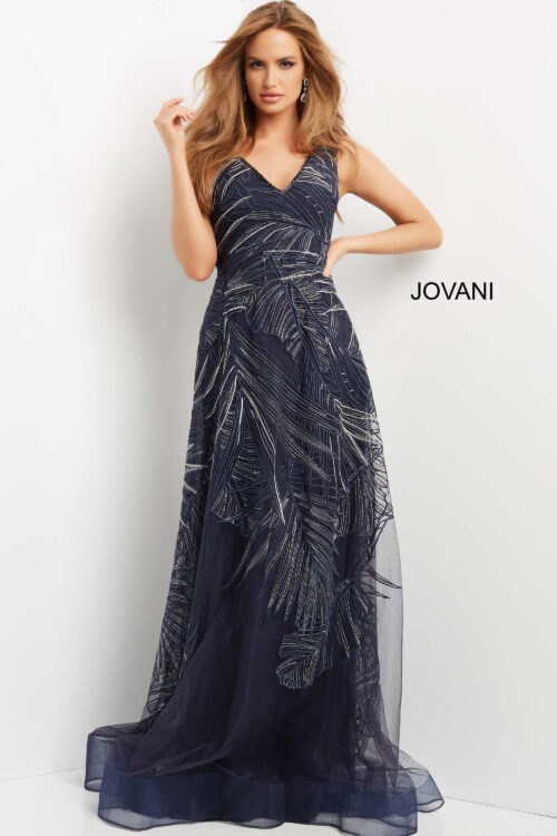 Model wearing Jovani 06829 Navy A Line V Neck Gown