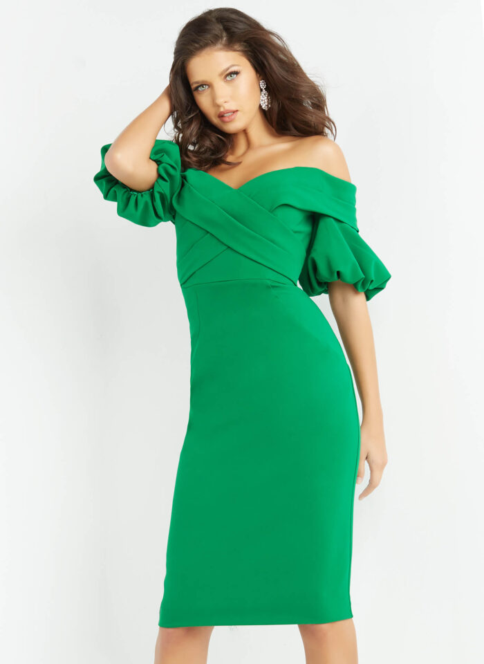 Model wearing Jovani 06832 Emerald Off the Shoulder Knee Length Dress