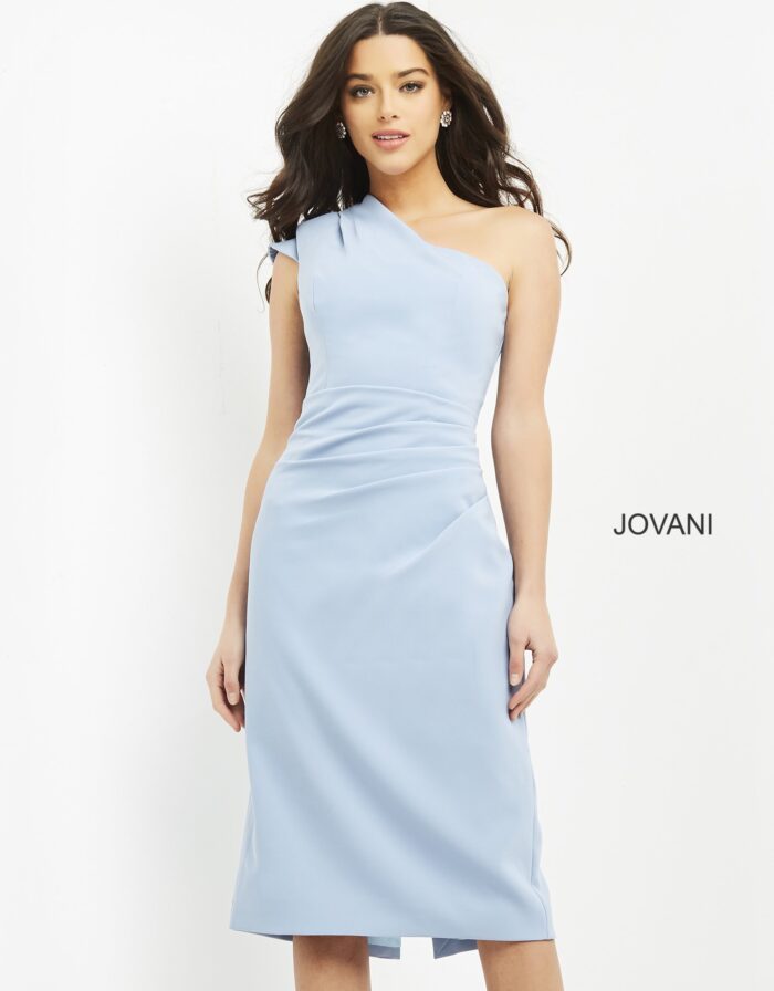 Model wearing Jovani 06835 Light Blue Knee Length Ready To Wear Dress