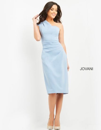 Model in Jovani 06835 light blue dress, side-front view