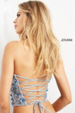 Back view of Jovani 06843 blue dress with lace-up detail.