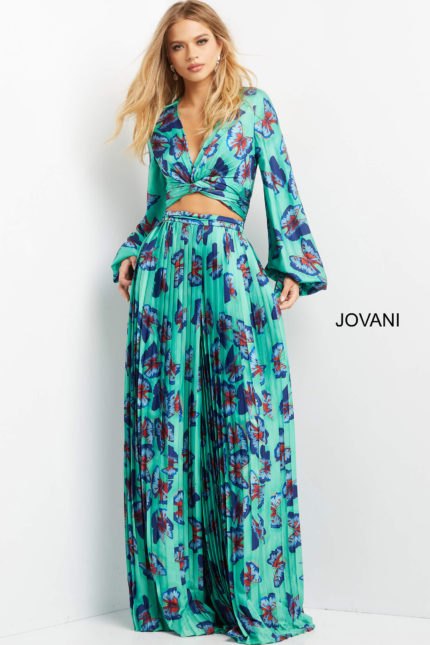 model wearing Jovani 06844, 07202 Print dress with V-neck and long sleeves front view