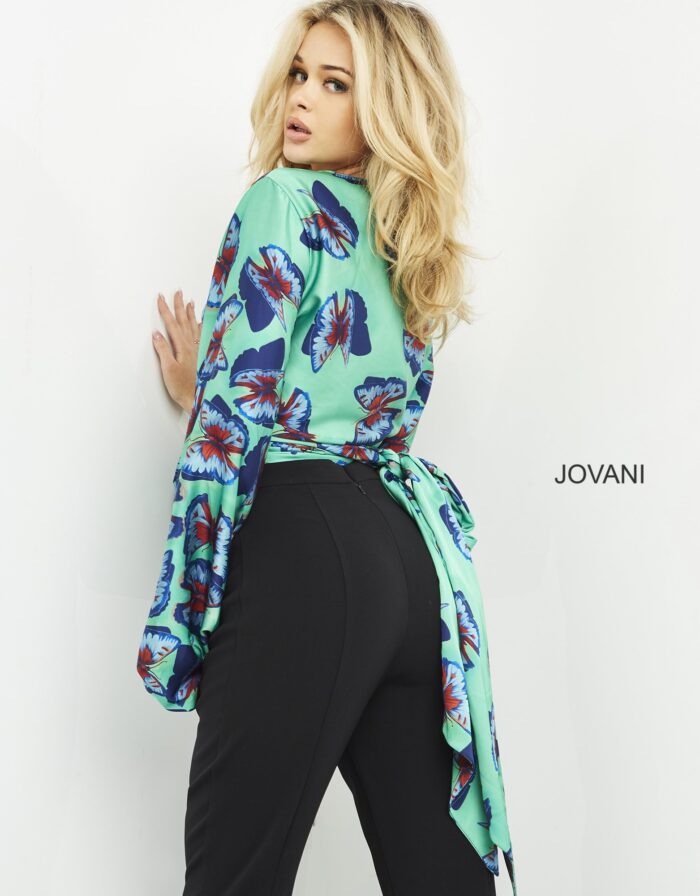 Model wearing Jovani 06844 Print Long Sleeve Contemporary Top