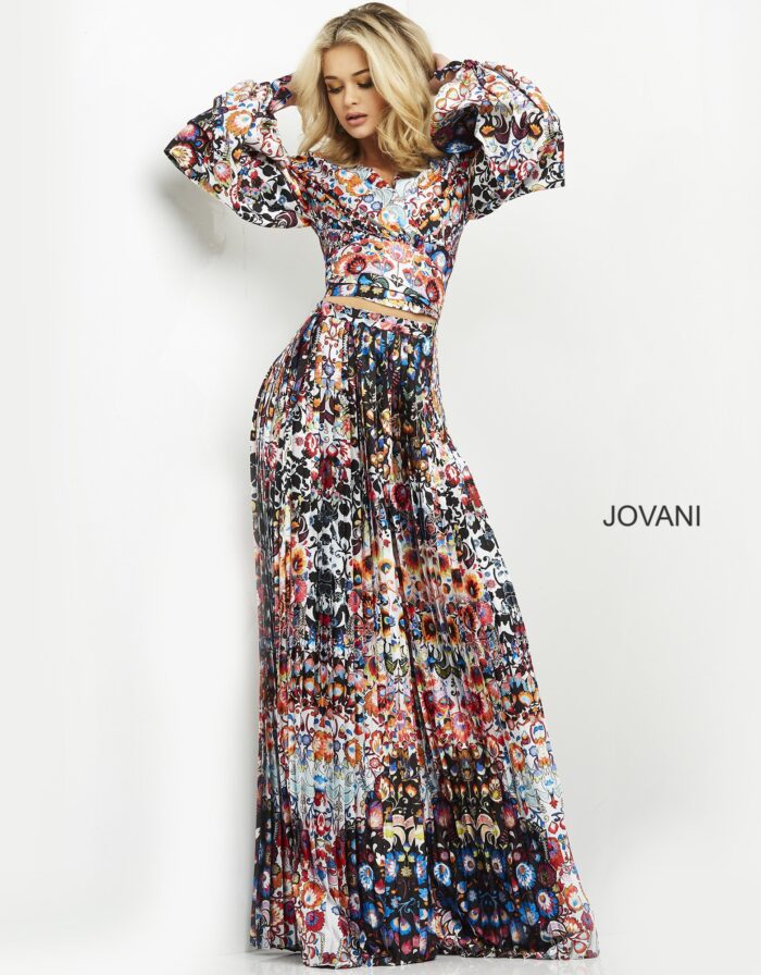 Model wearing Jovani 06847 and Jovani 06848 Print Long Sleeve Two Piece Contemporary Set