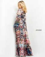 back view of model in Jovani 06847 multi-colored dress with elegant pleats