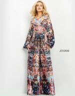 model in Jovani 06847 dress highlighting the vibrant multi-colored print