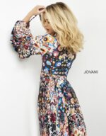 model displaying the back and side view of Jovani 06847 multi-colored dress