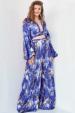 Model wearing Jovani 06849 and 06850 Print Two Piece Plus Size Contemporary Jumpsuit